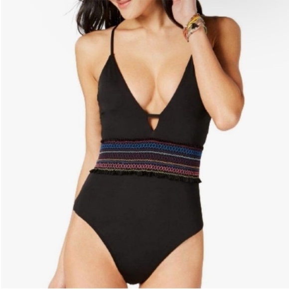Bar III Women's Smocked Black One-Piece Swimsuit - Picture 1 of 10